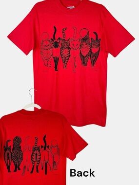 Vintage 80s single stitch red front & back cats t-shirt M cat butt tee funny NEW
